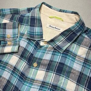 Tommy Bahama Mens XXLT Blue Plaid Linen Blend Long Sleeve Button Down Shirt Tall